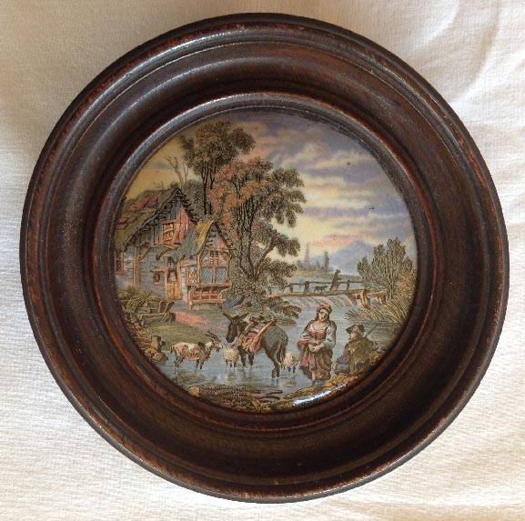 Victorian framed Prattware Fording the Stream pot lid dating from the 1800's